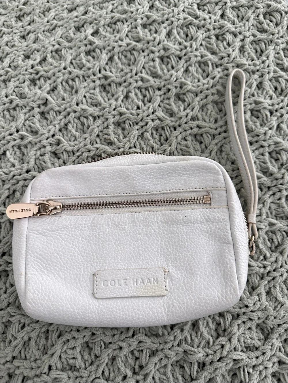 Cole Haan Cream Pebbled Leather Cosmetic Pouch with Gold Hardware